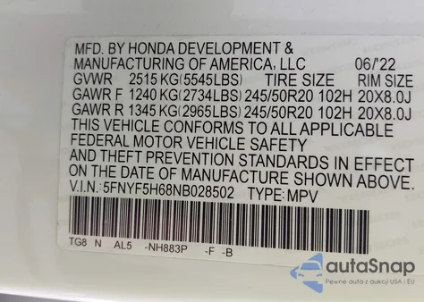 2022 Honda Pilot Touring из США, поврежденный, VIN 5FNYF5H68NB028502